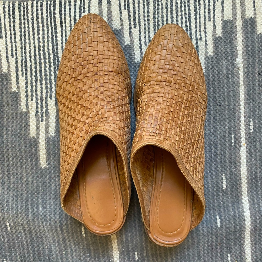 Brown woven leather clogs